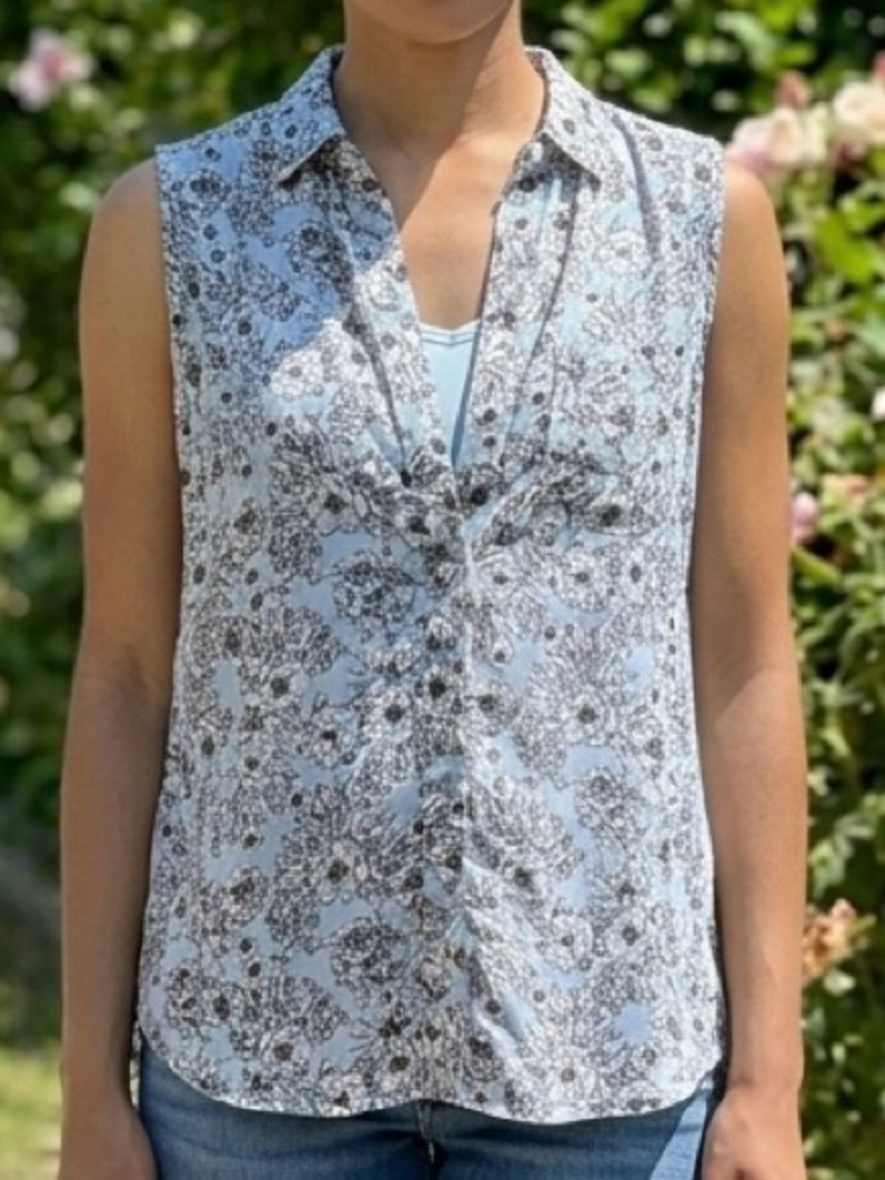Liz Claiborne Petite Floral Sleeveless Button Down Blouse Cami Set Blue PS EUC